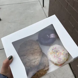 Brown butter cookie, vanilla donut, ube donut