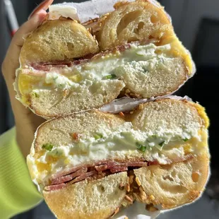 bacon, egg, and cheese on a garlic bagel