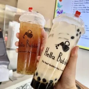 Strawberry green tea with kiwi &amp; aloe Vera (left) &amp; Winter melon milk tea with boba (right)