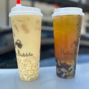 (R) Passion fruit mango green tea w/ mix of mini boba and lychee jelly (L) Mango milk tea with lychee jelly. These were SO good!