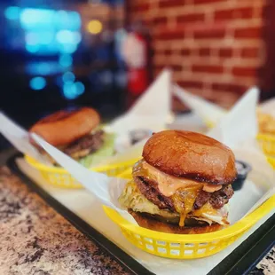 a hamburger and fries