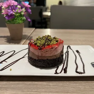 Raspberry chocolate mousse with pistachio garnish