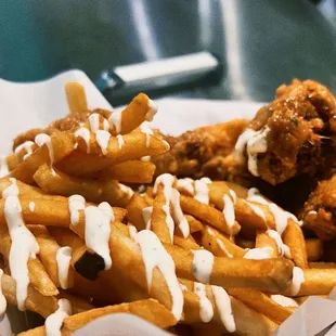 Bacon cheese french fries &amp; honey garlic chicken wings