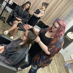 Heather and Andrea getting our first two bridesmaids ready