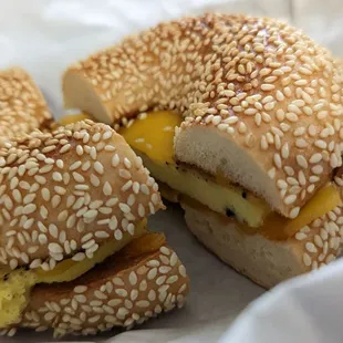 a breakfast sandwich with egg and cheese
