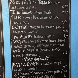 a menu on the wall