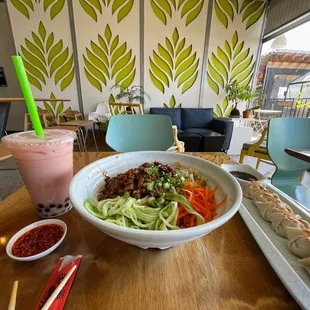 PeKing Noodle, Fish Dumpling, Red Bean Boba Tea