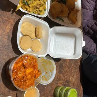 Spinach Pakodi, Samosa, irani tea, Chicken 65, biscuits