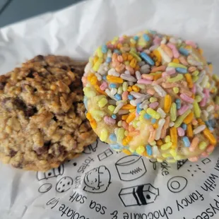 Oat and chocolate chip cookie and birthday cake cookie