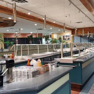 a buffet with a variety of food items