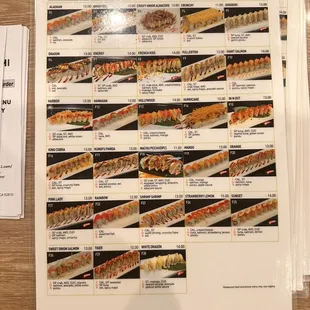 Sushi roll menu