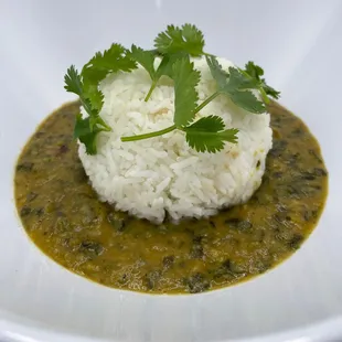 a plate of rice and green beans