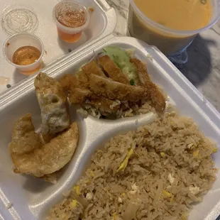 Tom Kha Soup, Thai Fried Rice with Crispy Chicken, and  Pot Sticker. All very good!