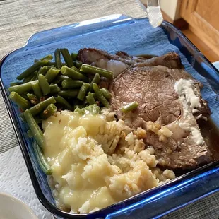 Prime rib take out dinner.  Brought it home and reheated.  Hubs was happy.