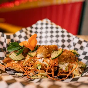 a basket of food on a table