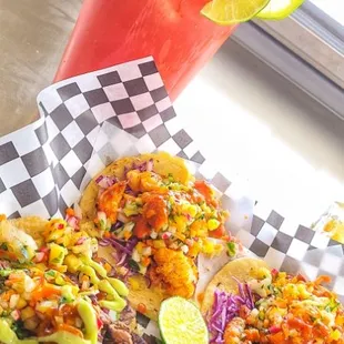 steak and shrimp  tacos w watermelon/strawberry natural water