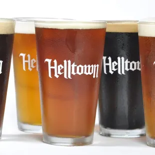 a row of beer glasses