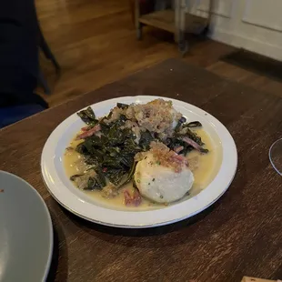 Gnudi with collards and salami