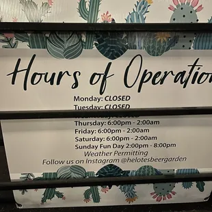 Correct Hours : Thur opened to midnight currently thru Sun depending on weather (open/close earlier)