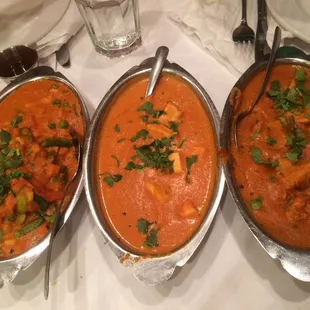 L to R: vegetable vindaloo, shahi paneer, &quot;butter chicken&quot;