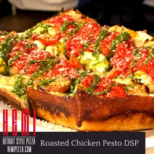 "Chicken Pesto" with grilled chicken, pesto drizzle, HEMI tomato sauce,