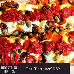 Our "Detroiter" pizza with cupping pepperoni, mild sausage and meatballs!