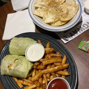 Chicken Caesar wrap, fries, pierogies