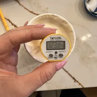 a person holding a digital thermometer