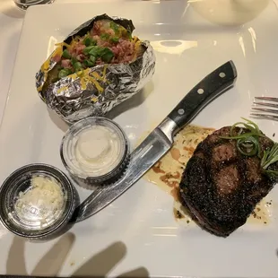 Beef tenderloin and baked potatoes!  Steak was excellent, perfectly medium rare.