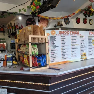 a counter with a menu on it