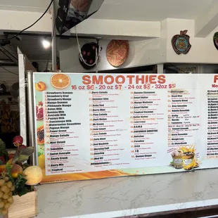 Menu for smoothies