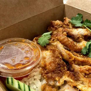 Spicy Crispy Chicken- unfortunately the rice steamed the crispy out!