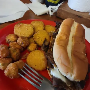 Philly Cheesesteak and fried pickles