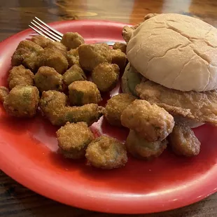 Fried Chicken sandwich and okra
