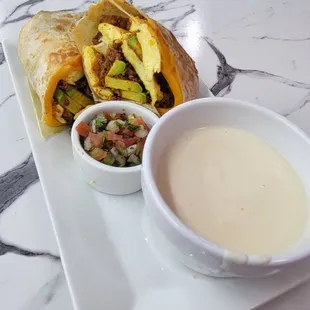 Breakfast Burrito with a side of Cauliflower soup.
