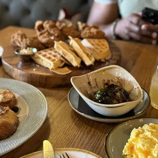 Chicken and Waffles, Berry French Toast, Brussel sprouts, peach mimosas!