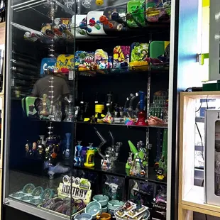 a display case full of items