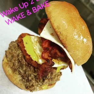 WAKE &amp; BAKE. CHOP CHEESE YELLOW WHITE AMERICAN CHEESE CRISPY BACON HASH BROWN EGGS