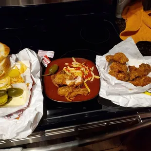 a variety of food items on a stove