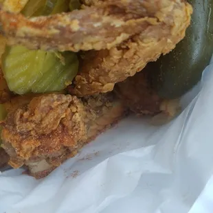 fried chicken, pickles, and french fries