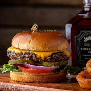 a cheeseburger and onion rings