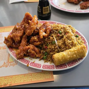 Sesame chicken, pork fried rice, and veggie spring roll.