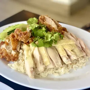 Steamed Dark Chicken and Fried Chicken with garlic rice