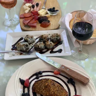 a plate of food and a glass of wine