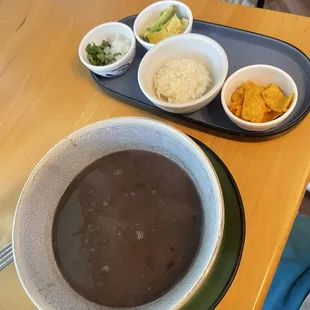 Black Bean Soup with toppings