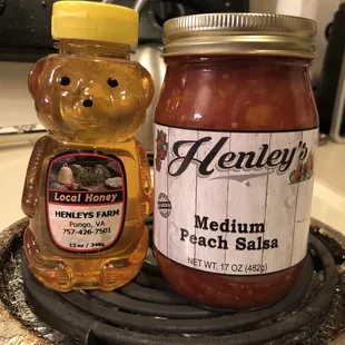 Local honey $12 and peach salsa $6.