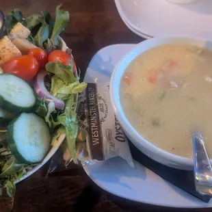 Side garden salad with chicken and dumplings soup