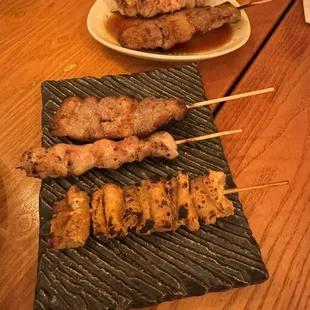 Front to back: chicken skin salted, chicken thigh salted, pork rib salted, pork rib tare, chicken thigh tare