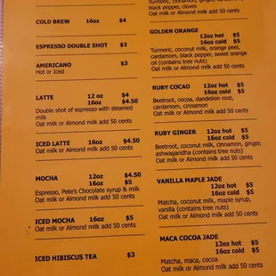 Coffees &amp; lattes menu