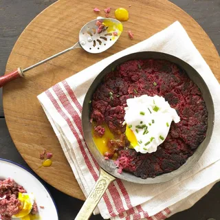 Red Flannel Hash, Poached Eggs